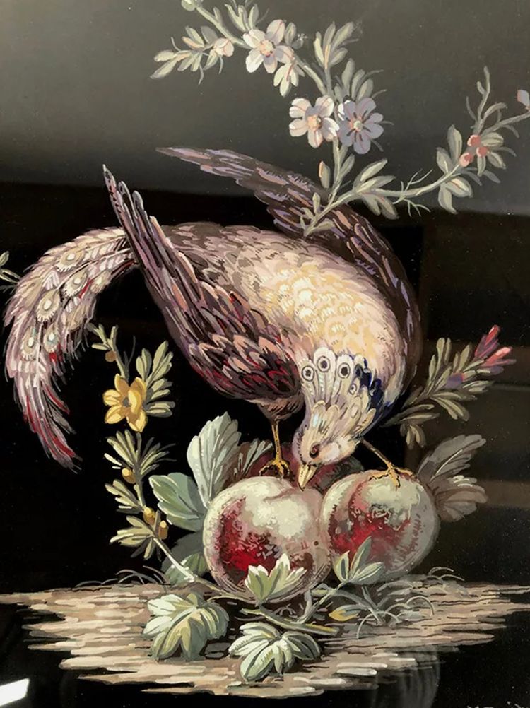 Coppia di gouaches su carta, uccelli e fiori