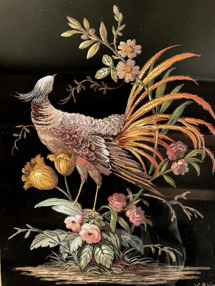 Coppia di gouaches su carta, uccelli e fiori