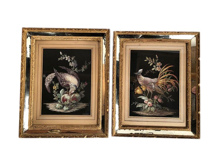 Coppia di gouaches su carta, uccelli e fiori