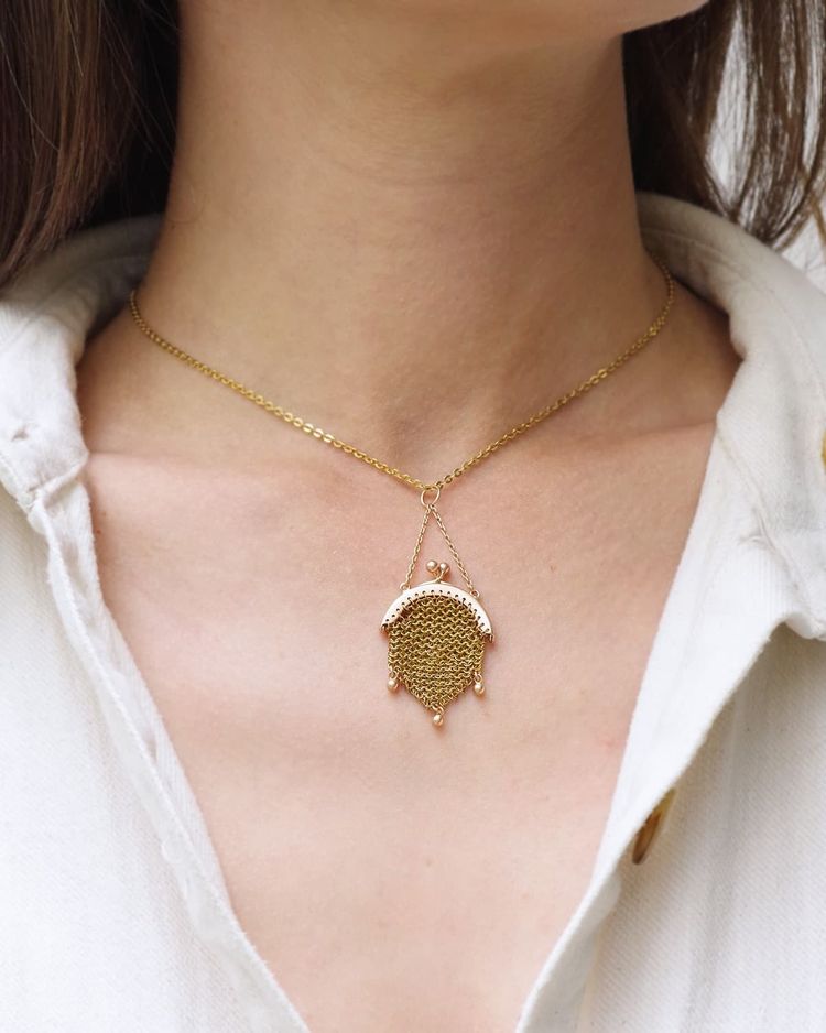 Petite bourse de poupée en or 18k, pendentif bourse cotte de maille, pendentif ancien
