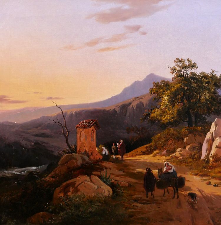 Edouard de Vigne 1808-1866 Italie, paysage au coucher du soleil, tableau romantisme Belgique