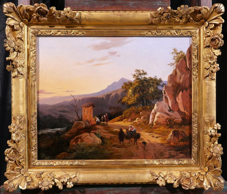 Edouard de Vigne 1808-1866 Italie, paysage au coucher du soleil, tableau romantisme Belgique