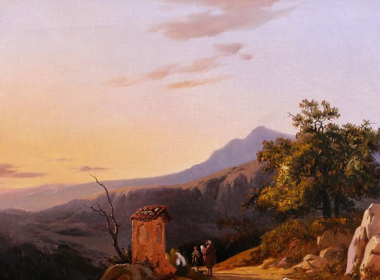 Edouard de Vigne 1808-1866 Italie, paysage au coucher du soleil, tableau romantisme Belgique