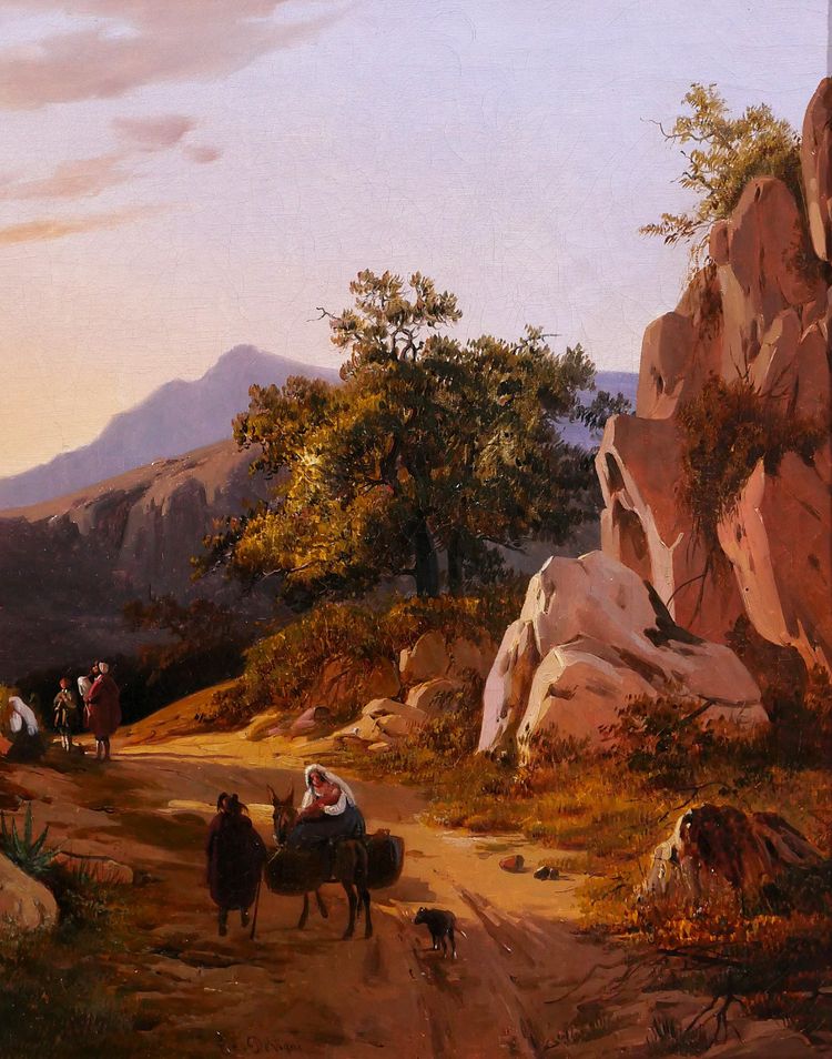 Edouard de Vigne 1808-1866 Italie, paysage au coucher du soleil, tableau romantisme Belgique