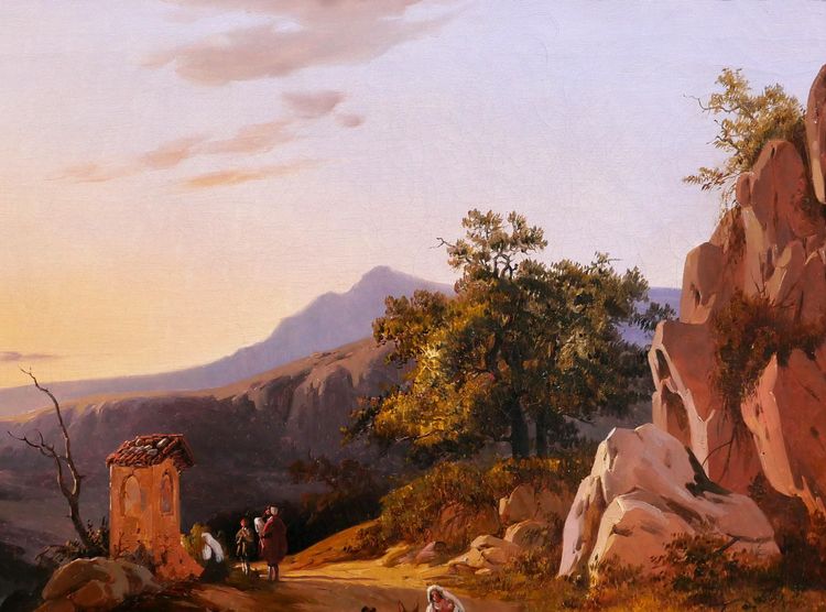 Edouard de Vigne 1808-1866 Italie, paysage au coucher du soleil, tableau romantisme Belgique