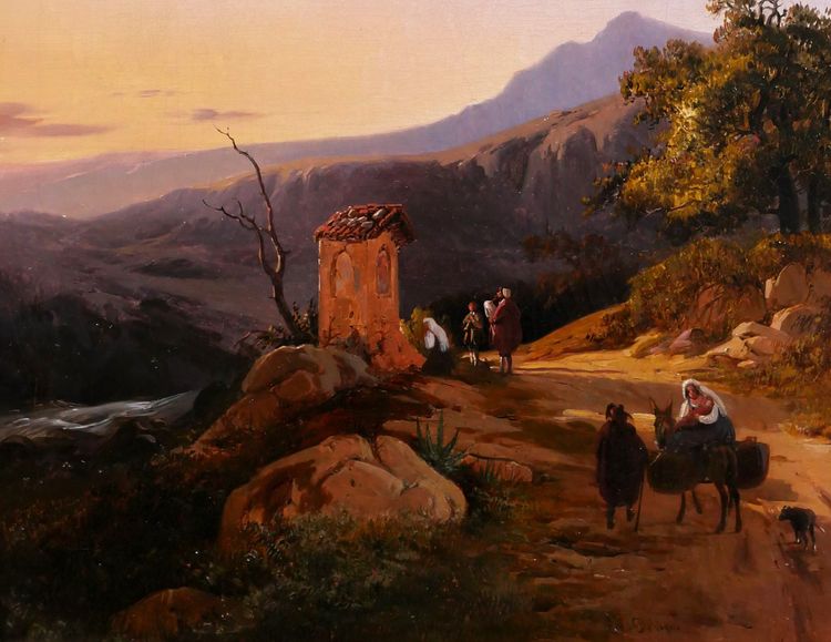 Edouard de Vigne 1808-1866 Italie, paysage au coucher du soleil, tableau romantisme Belgique