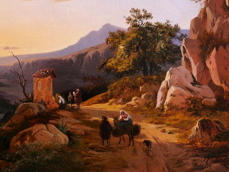 Edouard de Vigne 1808-1866 Italie, paysage au coucher du soleil, tableau romantisme Belgique