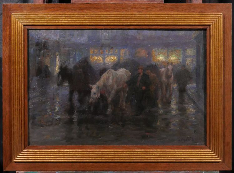 Edgard FARASYN 1868-1938 Pferde in der Stadt, Nachteffekt, Gemälde, Impressionismus Belgien