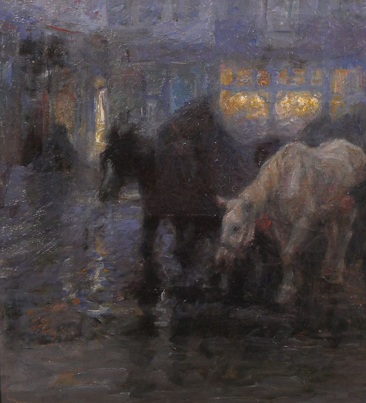 Edgard FARASYN 1868-1938 Pferde in der Stadt, Nachteffekt, Gemälde, Impressionismus Belgien