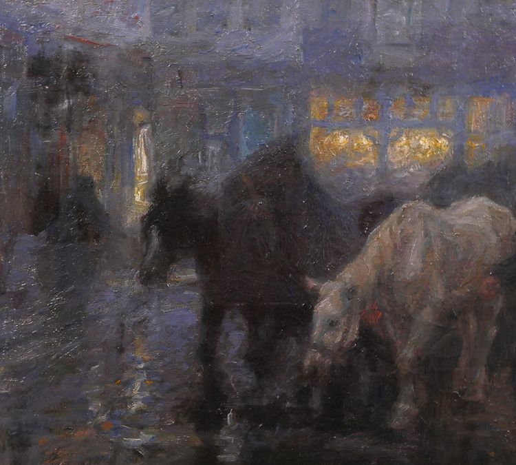 Edgard FARASYN 1868-1938 Pferde in der Stadt, Nachteffekt, Gemälde, Impressionismus Belgien