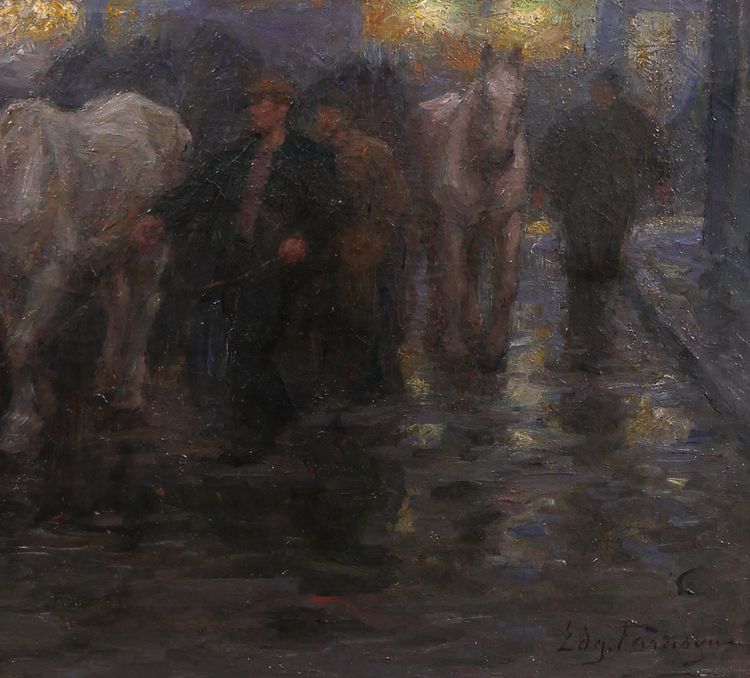 Edgard FARASYN 1868-1938 Pferde in der Stadt, Nachteffekt, Gemälde, Impressionismus Belgien