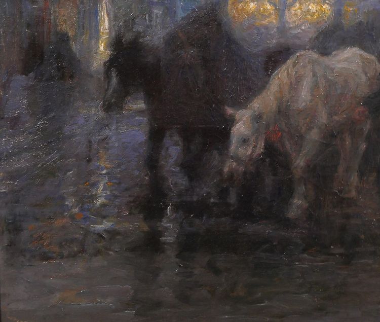 Edgard FARASYN 1868-1938 Pferde in der Stadt, Nachteffekt, Gemälde, Impressionismus Belgien