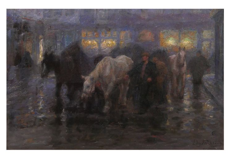 Edgard FARASYN 1868-1938 Pferde in der Stadt, Nachteffekt, Gemälde, Impressionismus Belgien