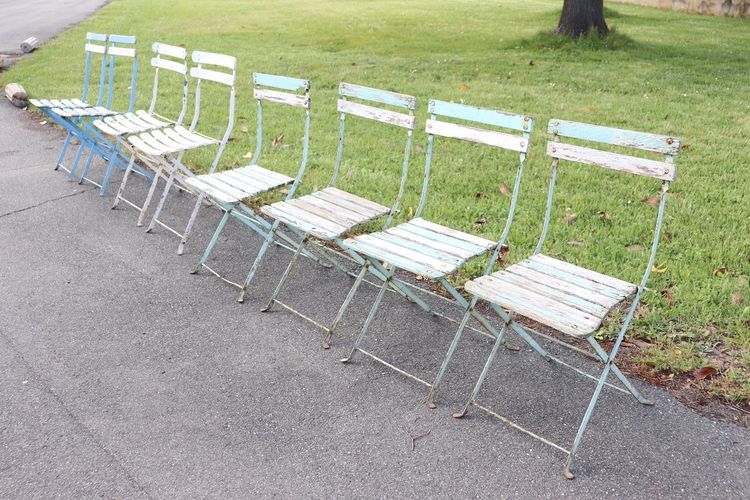 Bistro Garden Folding Chairs In Iron And Wood Slats, Set Of 8