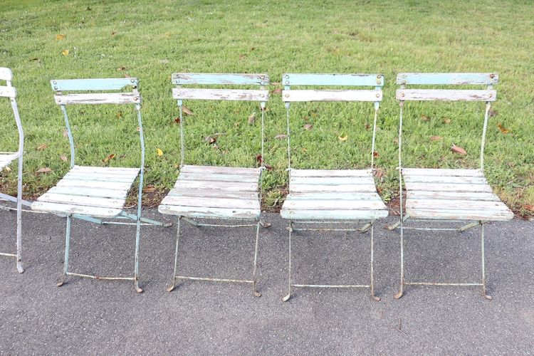 Bistro Garden Folding Chairs In Iron And Wood Slats, Set Of 8