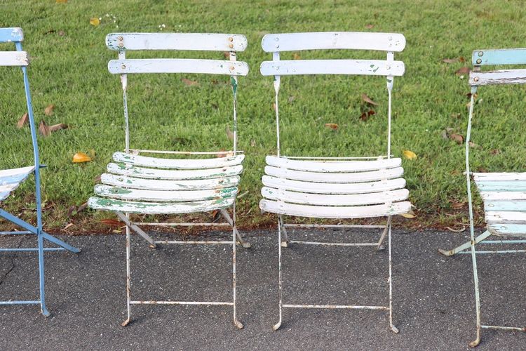 Bistro Garden Folding Chairs In Iron And Wood Slats, Set Of 8