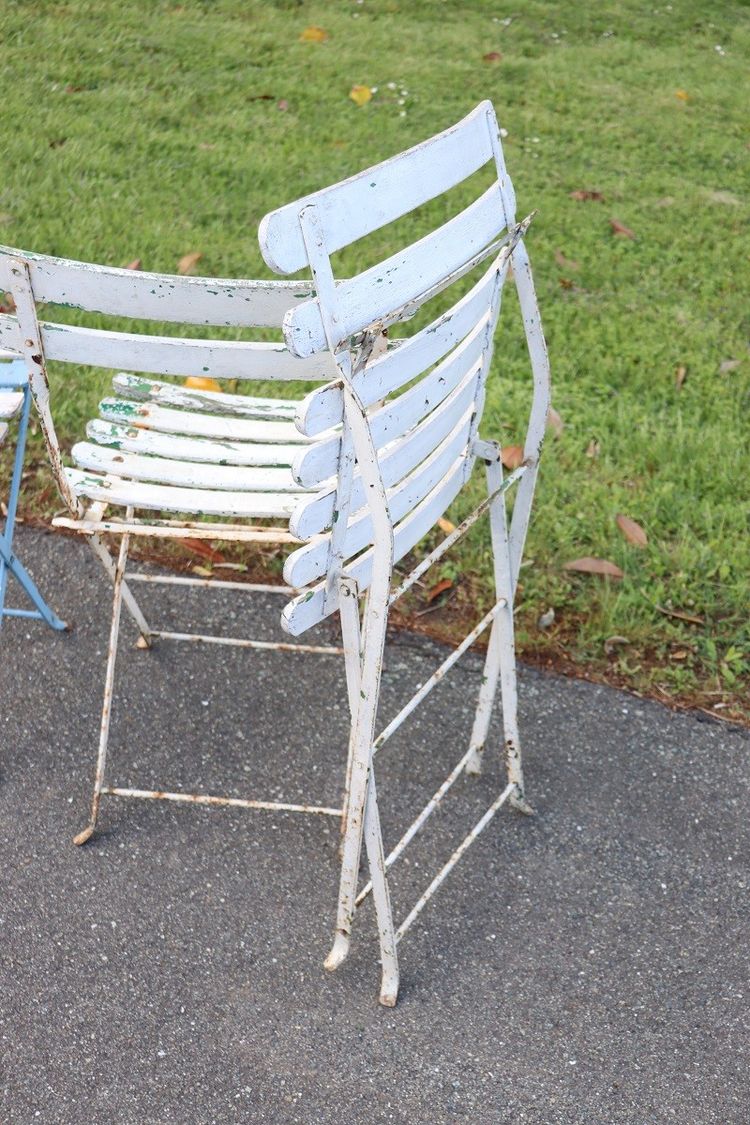 Bistro Garden Folding Chairs In Iron And Wood Slats, Set Of 8
