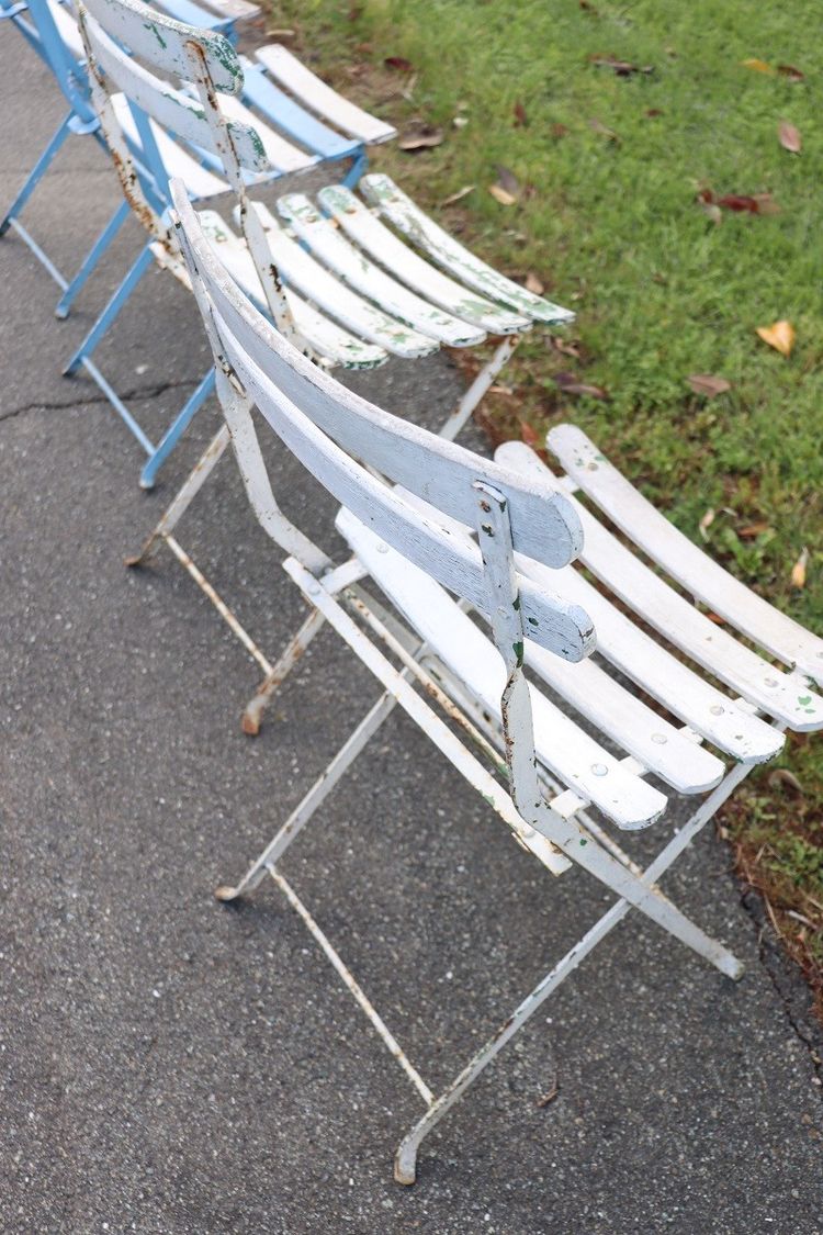 Bistro Garden Folding Chairs In Iron And Wood Slats, Set Of 8