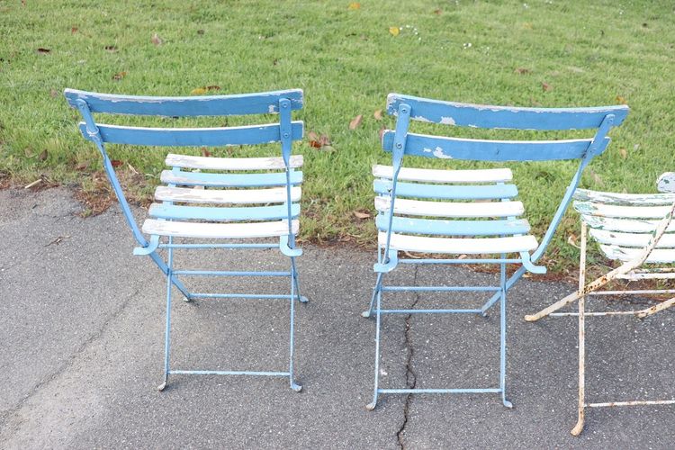 Bistro Garden Folding Chairs In Iron And Wood Slats, Set Of 8