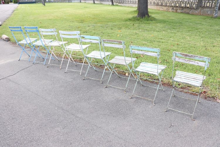 Bistro Garden Folding Chairs In Iron And Wood Slats, Set Of 8
