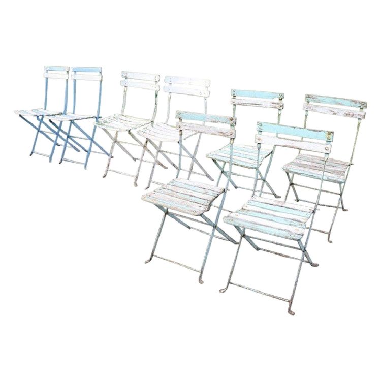 Bistro Garden Folding Chairs In Iron And Wood Slats, Set Of 8