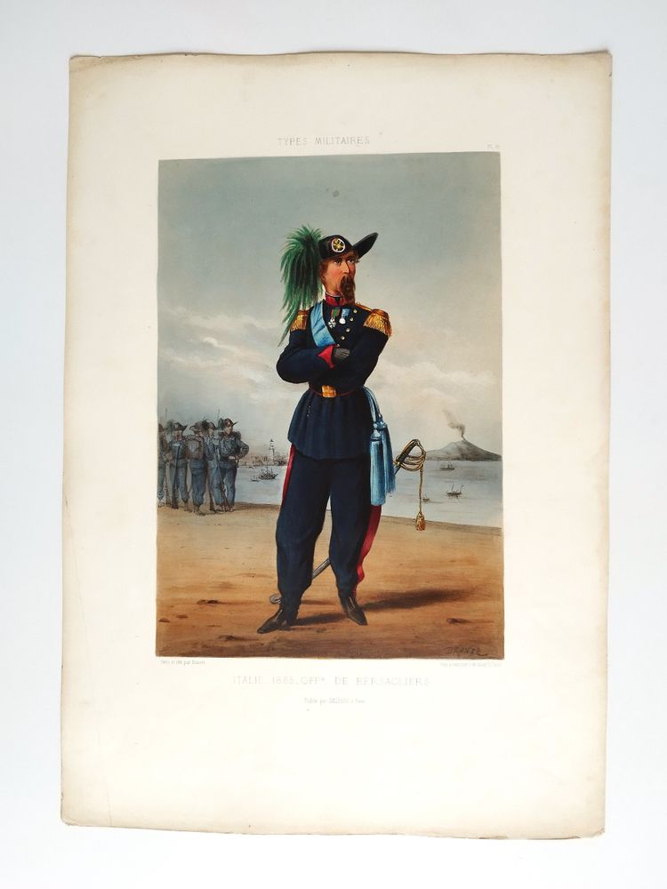  Caricature types militaires Italie officier de Bersaglier par Draner lithographie 19ème 