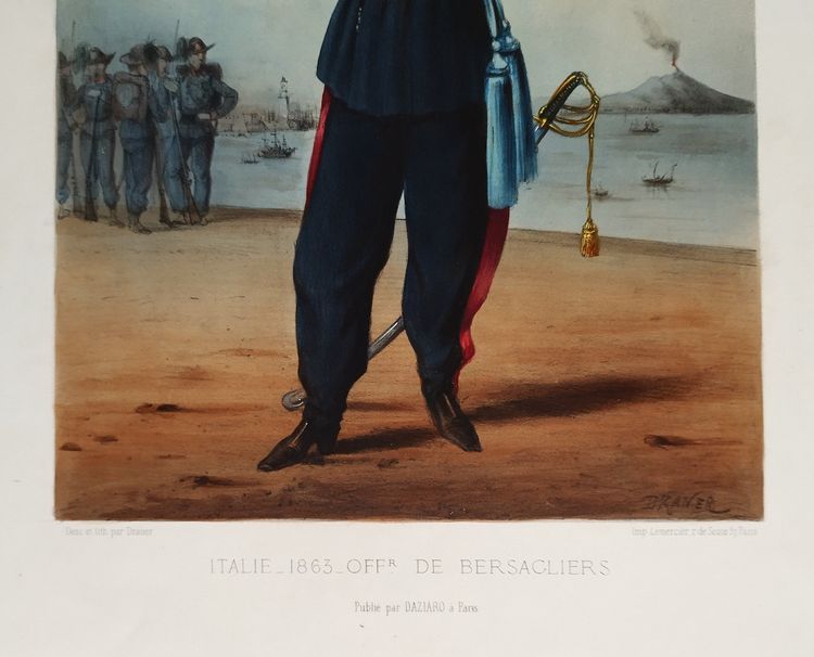  Caricature types militaires Italie officier de Bersaglier par Draner lithographie 19ème 