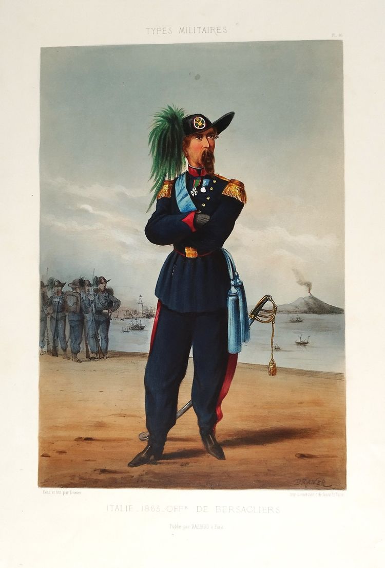  Caricature types militaires Italie officier de Bersaglier par Draner lithographie 19ème 