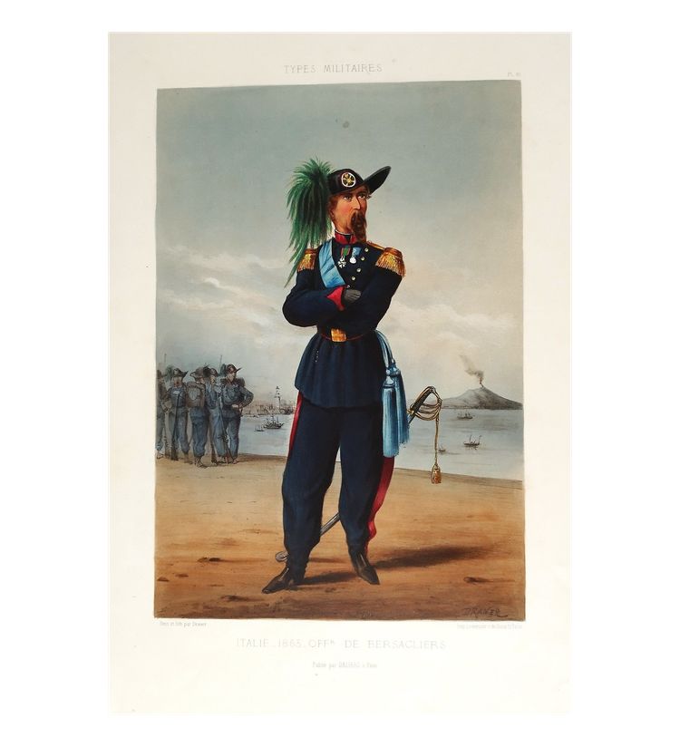  Caricature types militaires Italie officier de Bersaglier par Draner lithographie 19ème 