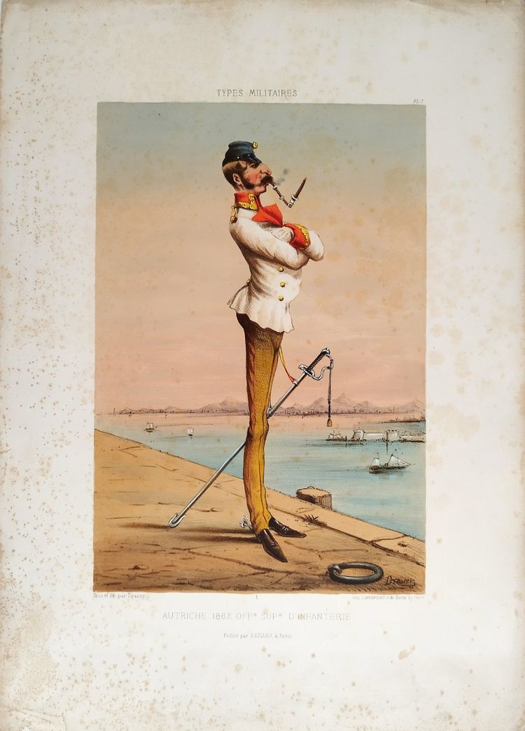 Types militaires Autriche 1862 Officier Supérieur d'Infanterie  lithographie 19ème
