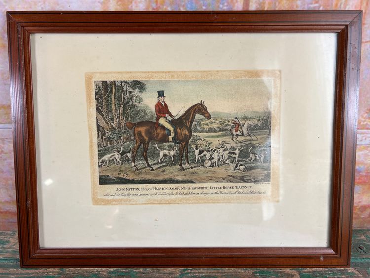Antique engraving 1837 - John Mytton on horseback - hunting scene - signed W. Giller - framed