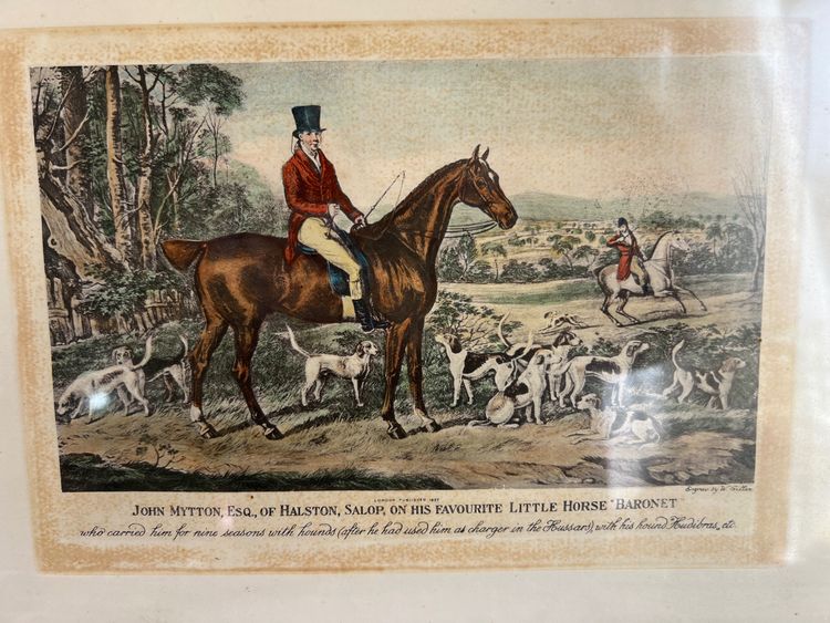 Antique engraving 1837 - John Mytton on horseback - hunting scene - signed W. Giller - framed