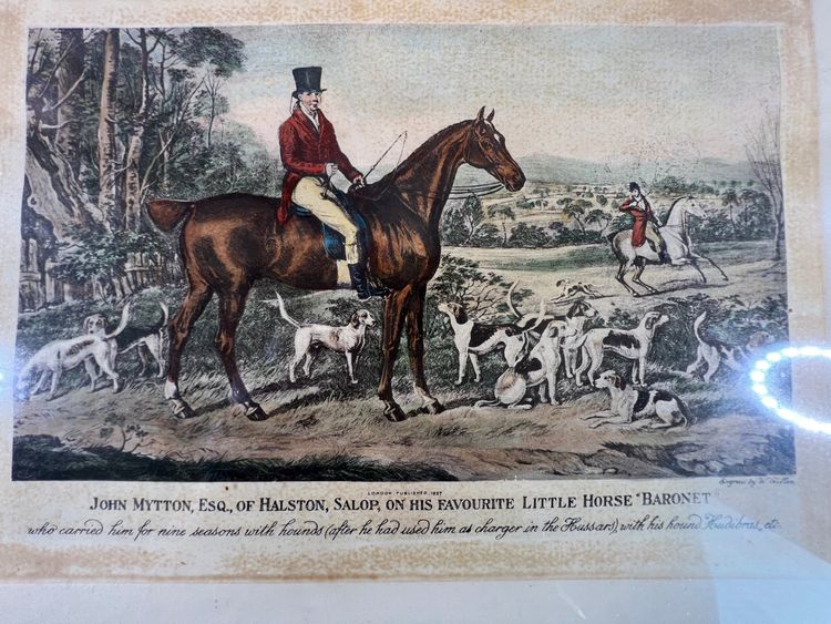 Antique engraving 1837 - John Mytton on horseback - hunting scene - signed W. Giller - framed