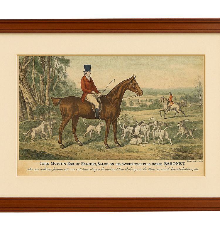 Antique engraving 1837 - John Mytton on horseback - hunting scene - signed W. Giller - framed