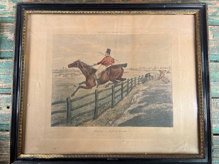 Antique engraving - Henry Alken - "Buck-ing a Flight of Rails" - Hunting - England - Circa
