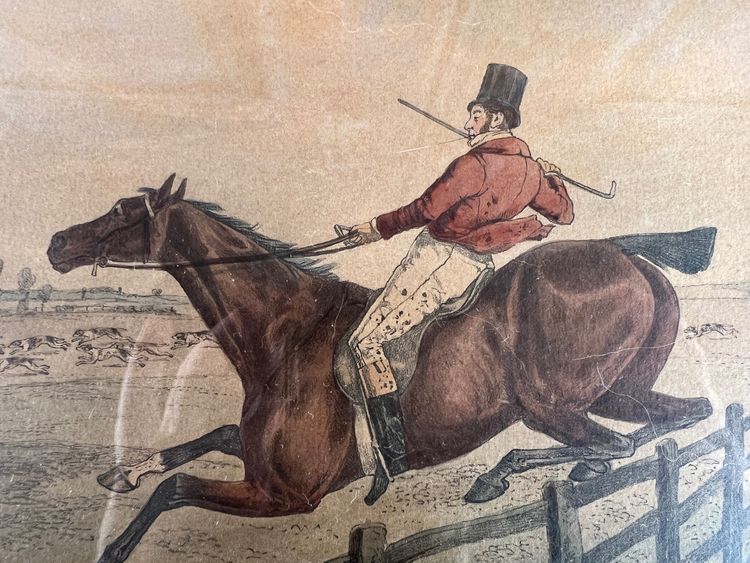 Antique engraving - Henry Alken - "Buck-ing a Flight of Rails" - Hunting - England - Circa