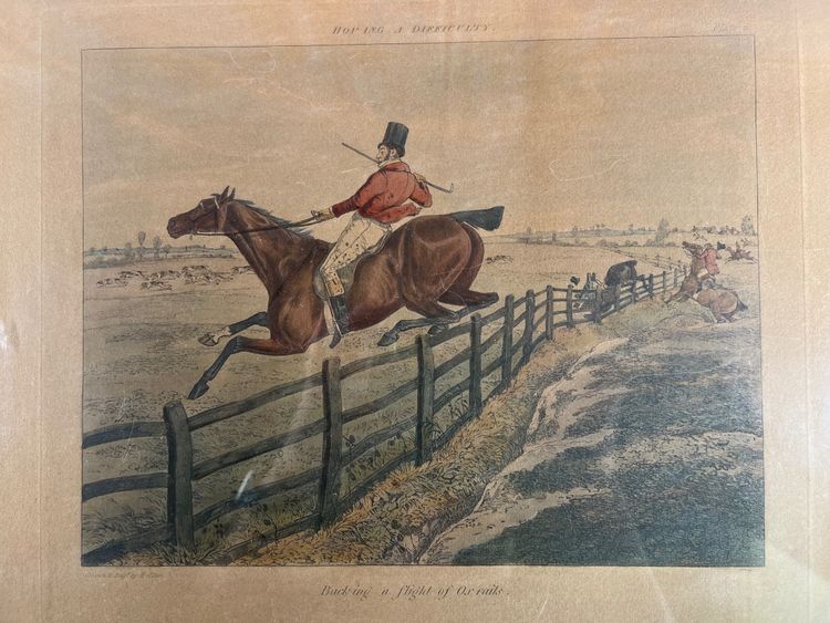 Antique engraving - Henry Alken - "Buck-ing a Flight of Rails" - Hunting - England - Circa