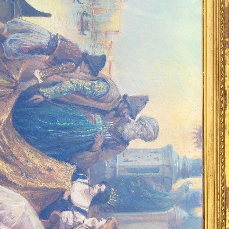 Stoffhändler in Venedig, gerahmtes Pastell, Anfang des 20. Jahrhunderts