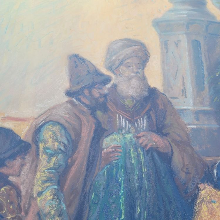 Stoffhändler in Venedig, gerahmtes Pastell, Anfang des 20. Jahrhunderts