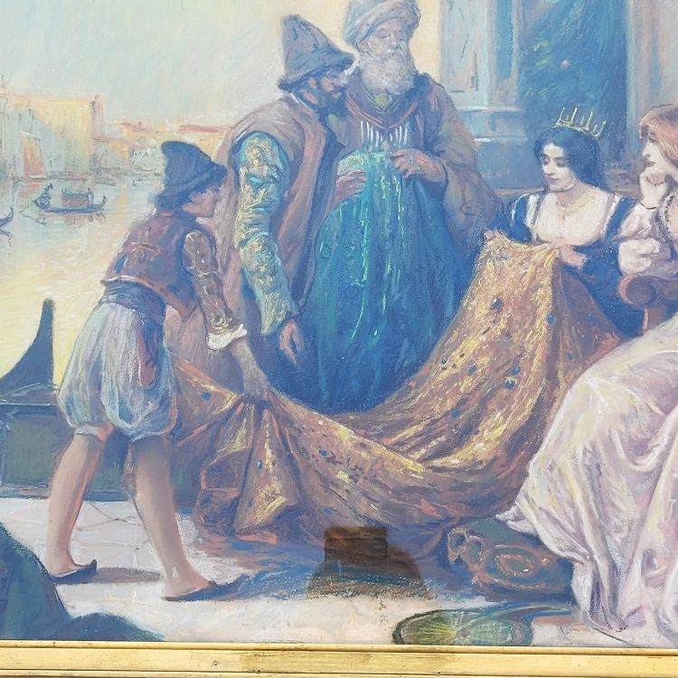 Stoffhändler in Venedig, gerahmtes Pastell, Anfang des 20. Jahrhunderts