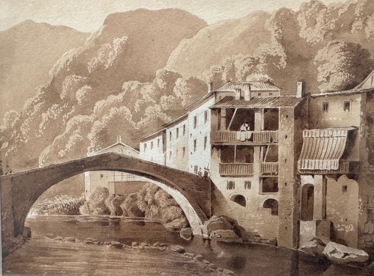 19th century drawing, Italian village in the mountains