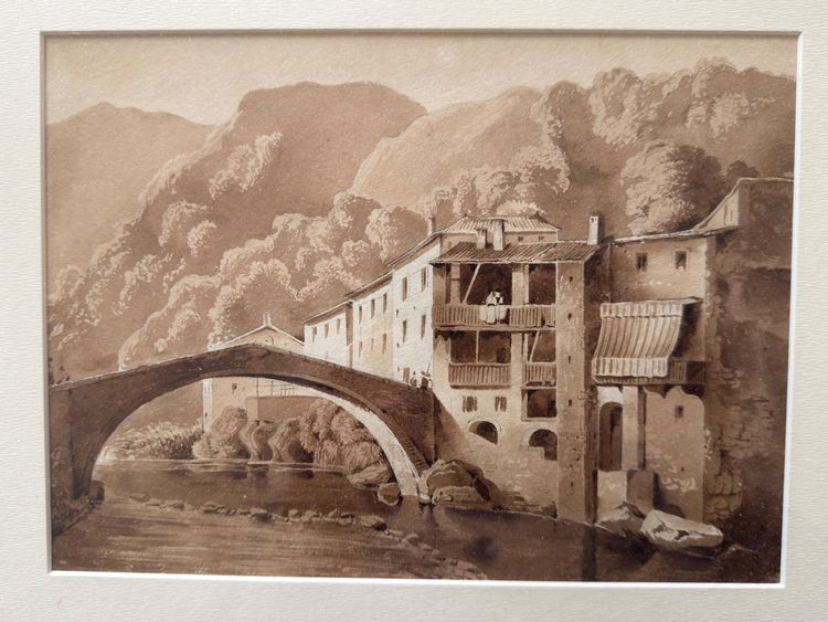 19th century drawing, Italian village in the mountains