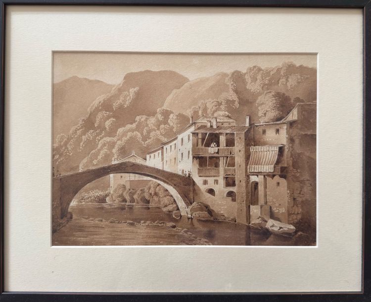 19th century drawing, Italian village in the mountains