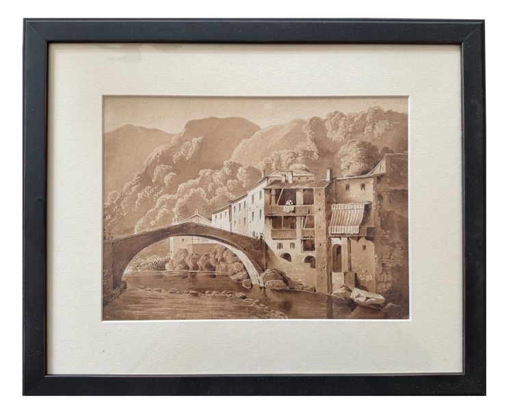 19th century drawing, Italian village in the mountains