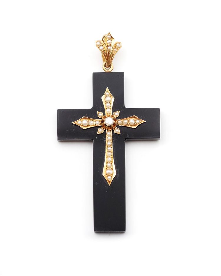 Kreuzanhänger Onyx und Perlen aus 18k Gold, altes Souvenirkreuz, Second Empire, Napoleon III.