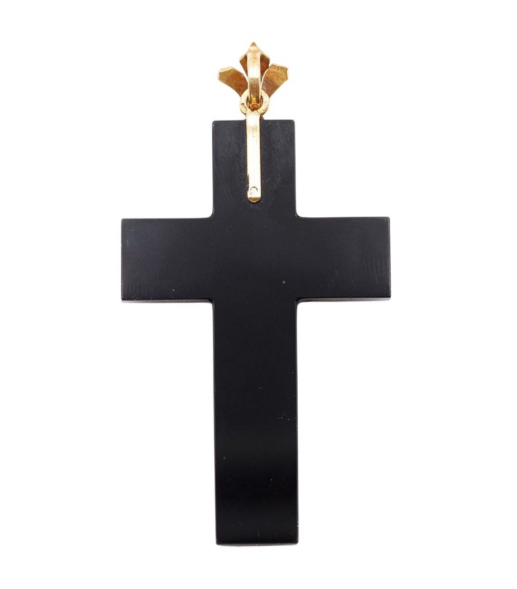 Kreuzanhänger Onyx und Perlen aus 18k Gold, altes Souvenirkreuz, Second Empire, Napoleon III.