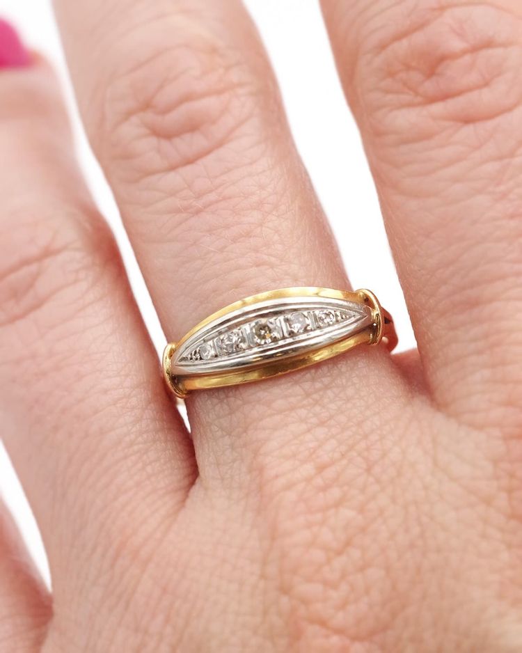 Anello da giarrettiera Art Déco in oro 18 ct e platino, anello con diamante antico, anello con linea di diamanti, 0,18