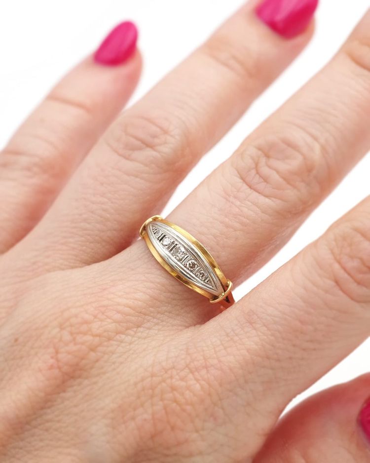 Anello da giarrettiera Art Déco in oro 18 ct e platino, anello con diamante antico, anello con linea di diamanti, 0,18
