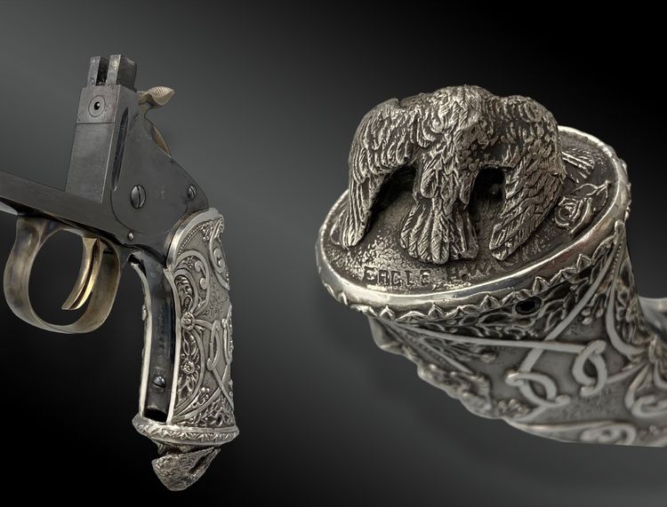 PISTOLA A COLPO SINGOLO SMITH & WESSON, 2 Mod. CALCIO LIBERTY ALLEGORIA.