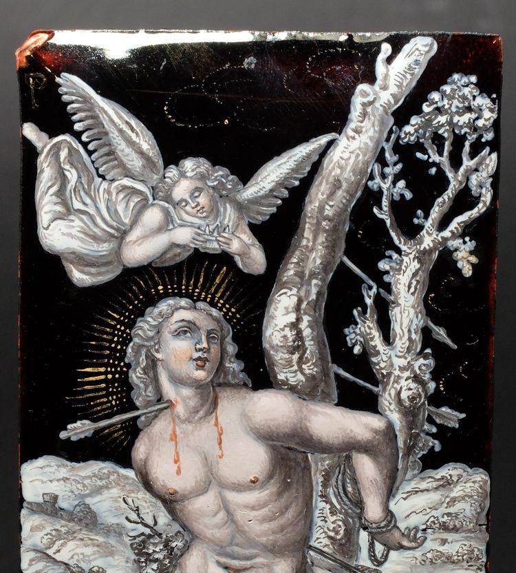 "Le martyre de St Sébastien", émail peint, Limoges, XIXème siècle